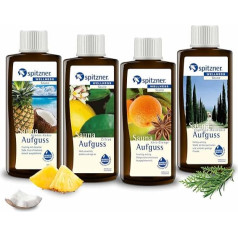 Spitzner Pirts uzlējuma komplekts Fernweh (4 x 190 ml) - Wellness Sauna, dabīga pirts eļļa ar aromātisku pirts aromātu Ananāsu kokosriekstu citrusaugļu, anīsa apelsīnu un cipreses rozmarīna aromātu.