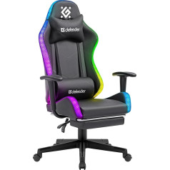 Defender spēļu krēsls ar RGB apgaismojumu, ergonomisks datora krēsls ar kāju balstu, ērts biroja krēsls mājas birojam vai spēlētāju krēslam, tērauda rāmis, regulējams augstums, PVC āda, melns