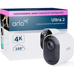 Arlo Ultra 2 āra novērošanas kameras, bezvadu, 4K UHD kvalitātes produkts, 180° skata leņķis, prožektors, krāsu nakts redzamība, kustības sensors, trauksmes sirēna, papildu kamera ar akumulatoru, viedais centrmezgls