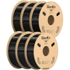 GratKit PETG 1,75 mm 3D printeru filaments 1,75 mm, 6 kg spole, 3D drukāšanas filaments, precizitāte ± 0,03 mm, viegli drukājams, vienmērīgi uztīts, 6 x 1 kg, 6 iepakojumi, melns