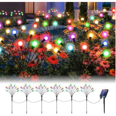 GCMacau Firefly Saules apgaismojums āra dārzam Krāsains 60 LED Pack of 6 Multicoloured Solar Lights for Outdoor Use, Upgraded Fireflies Waterproof (IP65), dārza dekorēšana ārā, celiņa un terases apgaismojums