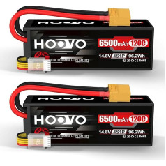 HOOVO 4S Lipo akumuliatorius 14,8 V 6500 mAh 120C RC akumuliatoriaus kietasis dėklas su XT90 jungtimi, skirtas RC Buggy Truggy Crawler Monster Car Boat Racing Drone UAV Drone FPV Hobby (Pack of 2)