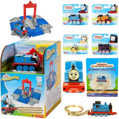 Mattel Thomas & Friends Spielzeugfiguren-Spielset, Druckguss-Schlüsselanhänger und Druckguss-Engine Figuren-Bündel - Set 5 - Rettungszentrum-Spielset, Druckguss-Schlüsselanhänger und 4 x