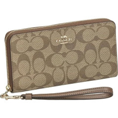 Coach Signature Canvas Ladies Long Zip Wallet, Khaki/Saddle 2, Garais rāvējslēdzēja tipa maksts