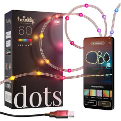 Twinkly Dots TWD060STP-T ar lietotni kontrolējamas LED virtenes ar 60 RGB (16 miljoni krāsu) LED diodēm. 3 metri. Caurspīdīgs vads. USB barošana. Iekštelpu viedā mājas apdares gaisma