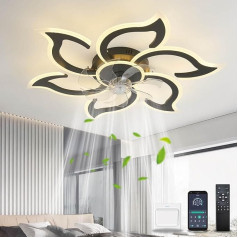 YOLEDY Griestu gaisma ar ventilatoru, klusa, ar tālvadības pulti, 88 cm guļamistabas lampa ar ventilatoru, zieda formas dizains, LED griestu ventilators ar apgaismojumu, līdzstrāvas motors, darbināms ziemā, melna krāsa