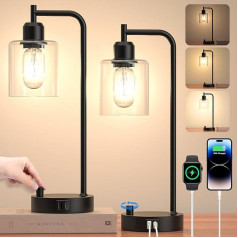 AmazeFun Dimmable Nakts lampa, 2 lampu komplekts, galda lampa ar uzlādes funkciju, USB A+C savienojumi, ligzdas, 2 LED spuldzes, stikla abažūrs, neliela lampa guļamistabai, viesistabai, ēdamistabai un birojiem