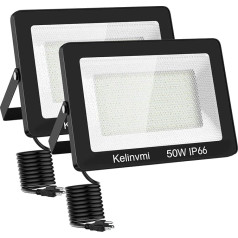 KELINVMI 50 W LED āra prožektors, 5000 lm LED prožektors, āra apgaismojums, 4200 K silti balta, IP66 ūdensizturīgs āra apgaismojums dārzam, garāžai, mājai, pagalmam, 50 cm vadi bez kontaktdakšas, 2 gab. iepakojumā