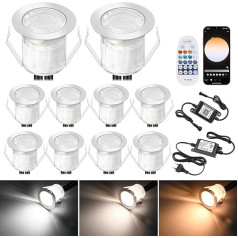 10 WiFi CCT iebūvētu grīdas prožektoru komplekts, āra LED, diametrs 30 mm, 12 V kāpņu apgaismojums, Mini spot LED iebūvēti grīdas prožektori, silti balta, vēsā baltā CCT, IP67 ūdensnecaurlaidīgi, ar lietotni vadāmi,