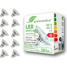 Greenandco® CRI90 + LED starmešu gaisma, aizvieto 45 W, MR16 GU5.3 halogēna starmešus, 6 W, 470 lūmeni, 3000 K, silti balta, SMD LED starmeši 36 °, 12 V, AC/DC, stikls ar aizsargstiklu, bez apgaismojuma