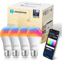 Aigostar Alexa WLAN spuldze E27 SL2, 15 W, 1500 ml (ekvivalents 98 W), Wifi LED RGB 2700-6500 K, sinhronizējama ar mūziku, ar Alexa/Google Home, nav nepieciešams centrmezgls, 4 gab. komplektā