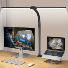 CandLuc galda lampa LED ar dubulto galvu, 24 W 80 cm galda lampa, stiprināma, aizsargā acis un kaklu, galda lampa birojam, aptumšojama ar laika funkciju, 5 krāsu monitora lampa mājas birojam, arhitektiem