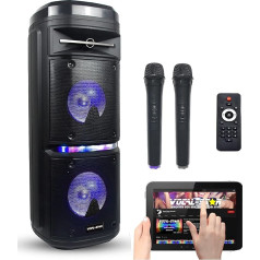 Vocal-Star portatīvā karaoke iekārta ar Bluetooth, LED gaismas efektiem, 200 W skaļruni, 2 bezvadu mikrofoniem VS-P180