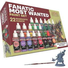 The Army Painter Warpaints Fanatic Most Wanted Set Combo, 22 x 18 ml akrila krāsas modeļu veidošanai, ieskaitot metāliskās krāsas, efektus, mazgāšanas krāsas, 1 otu un 1 galda figūriņu - krāsas kara spēlēm &