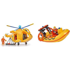 Simba 109251002 - Ugunsdzēsējs Sems Helikopters Wallaby II ar Toma Tomasa figūriņu, 6 sēdvietas, 34 cm & Ugunsdzēsējs Sems Neptūna laiva ar Penija figūriņu nirēja tērpā, 20 cm