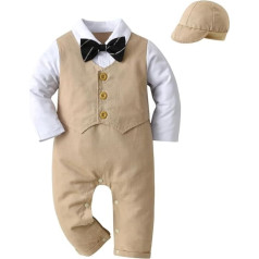 Lito Angels Tuxedo Romper Bodysuits One-Piece Gentleman Wedding Suit with Hat for Baby Boys, Black Khaki