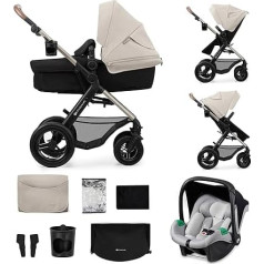 Kinderkraft MOOV2 Gaisa bērnu ratiņi 3-in-1 ar bērnu sēdeklīti I-izmēra 40-75 cm, bērnu ratiņu funkciju, regulējamu atzveltnes pozīciju, lielu pagarināmu pārsegu, piepūšamiem riteņiem, pelēks