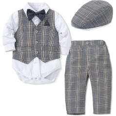 inhzoy Children's Baby Boys Suit Gentleman Set Long Sleeve Bodysuit Checked Vest Trousers Bow Tie Festival Christening Wedding Party Baby Outfit