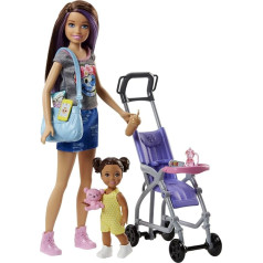 Barbie Skipper Babysitter Inc, Skipper ar brūniem un violetiem matiem, bērnu ratiņi ar brūnām pīnītēm, bērnu ratiņi ar pārtikas paliktni, Barbie aksesuāri, ieskaitot 2 Barbie lelles, dāvana bērniem no 3 gadiem, FJB00