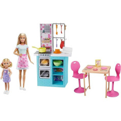 Barbie - māsas HBX03 cepšanas spēļu komplekts ar lelli Barbie un lelli Chelsea, virtuves piederumiem, galda traukiem un vairāk nekā 15 aksesuāriem, dāvana bērniem no 3 līdz 7 gadiem