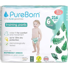 PureBorn Baby Premium autiņbiksītes, 6 izmērs (15+ kg), 216 gabali (6 x 36), optimāla aizsardzība dienā un naktī, dermatoloģiski pārbaudītas, īpaši mīkstas, ādai draudzīgas