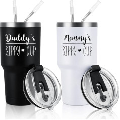 Gtmileo Daddys and Mommys Nerūsējošā tērauda Sippy Cup izolēts ceļojumu krūzīšu komplekts Ziemassvētku gadadienas dzimuma atklāšanas dāvana jaunajiem vecākiem, mammai, tētim, 850 ml, melns un balts