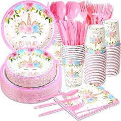 168 gab Unicorn Birthday Party Supplies Galda piederumu komplekts Puses šķīvji naži dakšiņas karotes krūzes un salvetes 1. dzimšanas dienā Baby Girl Party Decorations 24 viesi