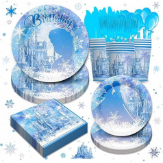 Piooluialy Frozen Birthday Party Supplies Galda piederumi - Frozen tematiskie svētku rotājumi ietver šķīvjus, krūzītes, salvetes, galda piederumus, sniegu Frozen Baby Shower Birthday Party Decorations | 24