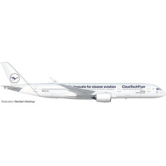 herpa 572460 Airbus Lufthansa A350-900 CleanTechFlyer, D-AIVD, miniatūrs mērogs 1:200, kolekcionējams, modelis ar pamatni, izgatavots no plastmasas, miniatūrs modelis, balts, zils