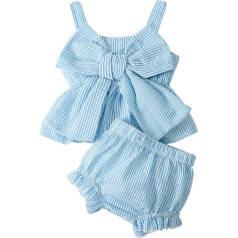 Uwdiohq Toddler Baby Girl Set Summer Newborn Large Bow Striped Sling Tops Elastic Shorts Cute 2 Pieces Jumpsuit Blue Baby Clothing Girls Summer Chic Outfits Baby