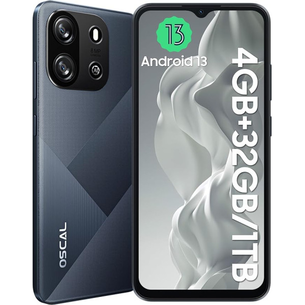 OSCAL Flat 1C viedtālrunis bez līguma 4GB RAM 32GB ROM 1TB TF/SD, astoņkodolu Android 13 mobilais tālrunis 6,52 collu HD+ displejs 8MP + 5MP kamera Face 4700mAh, 4G bez SIM kartes Mobilie tālruņi ar divām SIM kartēm -