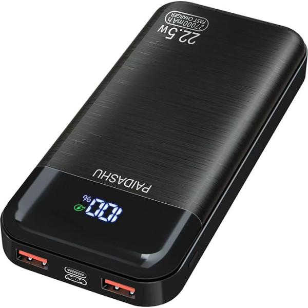 PAIDASHU Power Bank 27000mAh 22,5W ārējā rokas akumulators PD20W, jaudīga, uzlādējama Powerbank USB C ar LED displeju, 3 atveres un 2 atveres, ērts un izturīgs viedtālruņu akumulators (002)