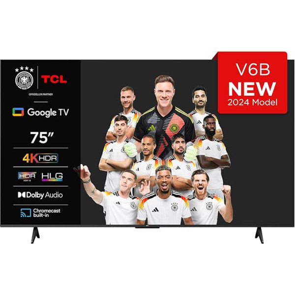 TCL 75V6B 75 collu 4K Ultra HD, HDR televizors, Smart TV ar Google TV atbalstu (Dolby Audio, kustību skaidrība, balss vadība, saderīgs ar Google Assistant, iebūvēts Chromecast)