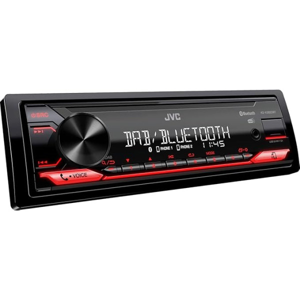 JVC KD-X282DBT USB autoradio ar DAB+ un Bluetooth brīvroku komplektu (USB, AUX-In, 1 x 2,5 V priekšizvads, skaņas procesors, 4 x 50 W, sarkans pogu apgaismojums)