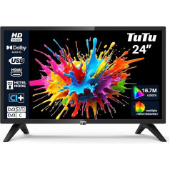 TuTu TV 24 collu (60 cm) HD LED televizors ar trīskāršu uztvērēju (DVB-T/T2-C-S/S2), USB multivides atskaņotājs, HDMI, VGA, CI/CI+, viesnīcas režīms (2024, 220 V)