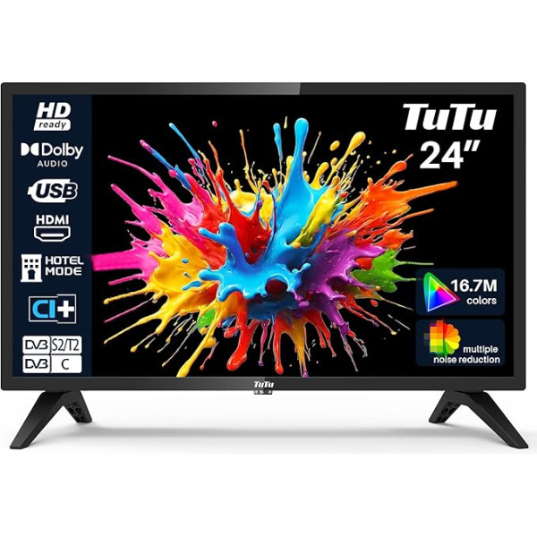 TuTu TV 24 collu (60 cm) HD LED televizors ar trīskāršu uztvērēju (DVB-T/T2-C-S/S2), USB multivides atskaņotājs, HDMI, VGA, CI/CI+, viesnīcas režīms (2024, 220 V)