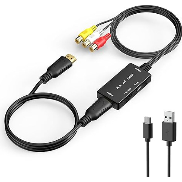 QIBOX RCA uz HDMI, 1080P RCA uz HDMI adapteris, kompozītmateriāla AV uz HDMI video audio pārveidotājs ar HDMI kabeli, HDMI adapteris, saderīgs ar PS2/WII/WII U/N64/SNES/Xbox/VHS/VCR/DVD, atbalsta PAL/NTSC