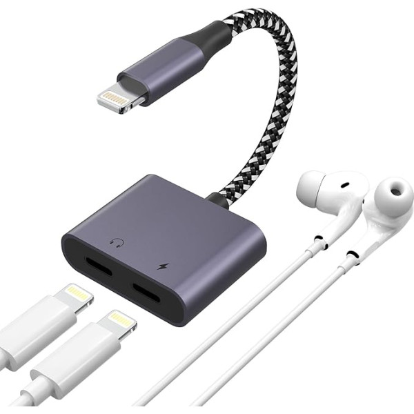 [Apple MFi sertificēts] iPhone Lightning uz Lightning adapteris, Lightning audio un uzlādes sadalītājs, Dual Lightning audio + lādētāja adapteris Dongle Splitter, saderīgs ar iPhone 14/13/12/12/11