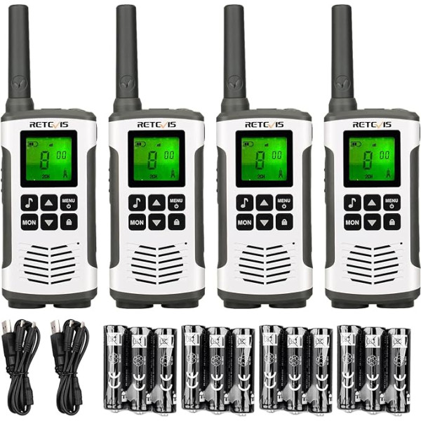 Retevis RT45 Walkie Talkie komplekts ar 4 ierīcēm, radio bez licences, 16 kanāli, radio komplekts ar uzlādējamu AA bateriju, USB uzlādes kabelis, Vox lukturītis, Walkie Talkie pieaugušajiem (4)