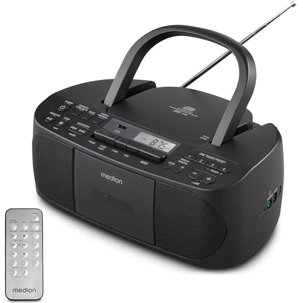 MEDION E65010 Stereo radio CD atskaņotājs kasešu atskaņotājs USB ports AUX audio ieeja MP3 atskaņošana FM PLL radio 40 staciju atmiņa ar akumulatoru darbināms tālvadības pults melns