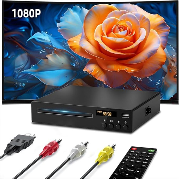 Kompakts DVD atskaņotājs ar HDMI pieslēgvietu, Full HD 1080P DVD atskaņotājs televizoram ar NTSC/PAL sistēmas atbalstu, integrēta USB pieslēgvieta, DVD atskaņotājs bez reģioniem, saderīgs ar Smart TV/skaņas sistēmu