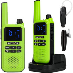 Retevis RA619 Walkie Talkie, Walkie Talkie ar Bluetooth austiņām, vibrāciju, SOS signālu, VOX, 16CH, uzlādējams divvirzienu radio izjādēm, medībām, atpūtai, dāvanām, Ziemassvētkiem (zaļš, 2 gab.)