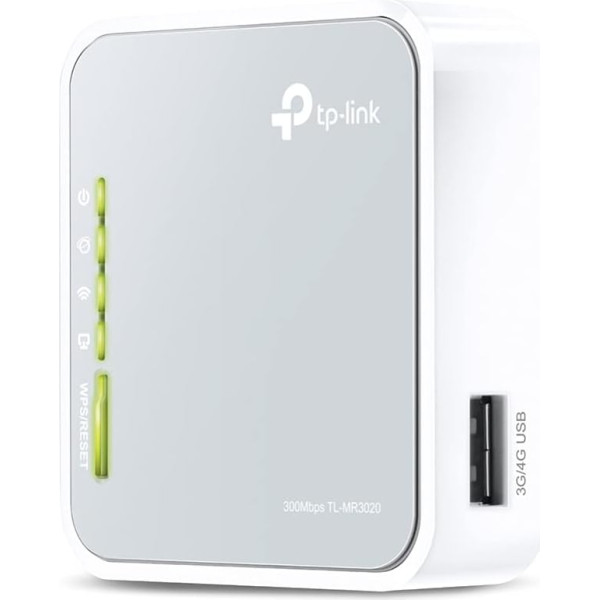 TP-Link TL-MR3020 N300 WLAN Nano mobilais maršrutētājs (300Mbit/s 2,4GHz, portatīvais, 3G/4G maršrutētājs, piekļuves punkts, WISP, karstais punkts, retranslators, tilts, drukas, multivides, FTP serveris), pelēks