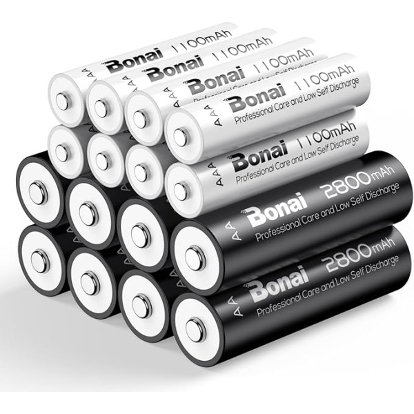 BONAI Battery 8 x AA un 8 x AAA 2800/1100 mAh uzlādējamas baterijas Augstas ietilpības 1,2 V AA/AAA NI-MH uzlādējamas baterijas ar zemu pašizlādes līmeni