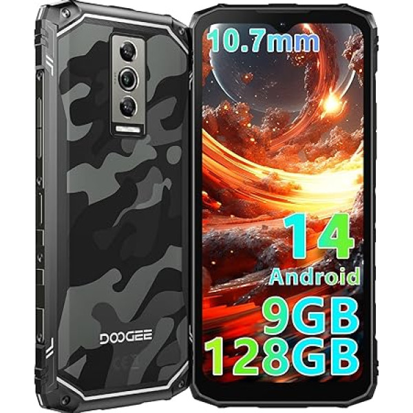 DOOGEE Blade 10 Āra mobilais tālrunis ar Android 14, 10,7 mm īpaši plāns, 128GB/TF 2TB, 3 karšu slots/Dual 4G SIM, 5150mAh āra viedtālrunis bez līguma, 6,56 collu HD + 90Hz IPS, 16MP + 8MP kamera,