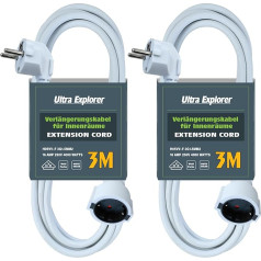 Ultra Explorer H05VVVF pagarinātājs 3M kabeļu pagarinātājs ar aizsargkontaktu kontaktdakšu pagarinātāju 16A/250V, balts, 2 gab. iepakojumā