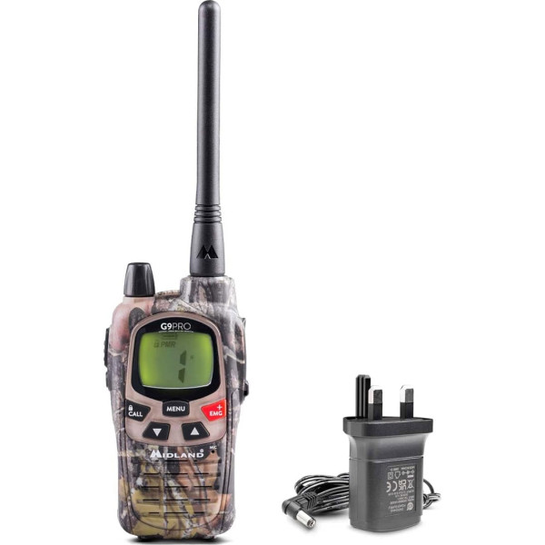 Midland G9 Pro, divvirzienu radiosakaru ierīce, divjoslu, 36 PMR446 kanāli, bezmaksas licence un 69 LPD, 4 uzlādējamas AA baterijas, stiprinājums pie jostas, UKCA sertificēta, Apvienotās Karalistes kontaktdakša, Mossy Oak mīmētiskā krāsā