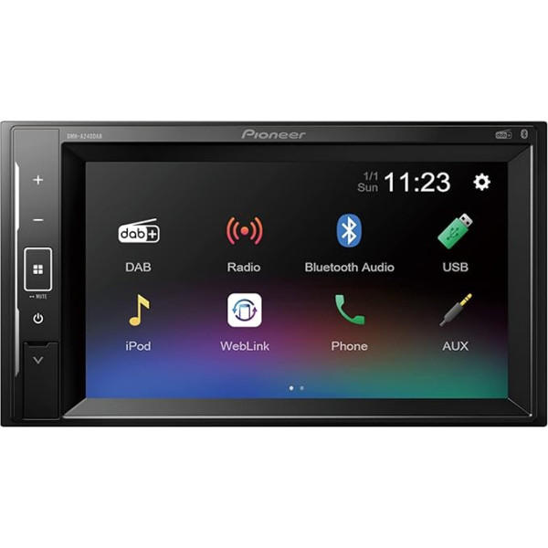 Pioneer DMH-A240DAB 2-DIN multimediju atskaņotājs, neliels uzstādīšanas dziļums, 6,2 collu ClearType skārienekrāns, viedtālruņa savienojums, USB, DAB/DAB+ digitālais radio, Bluetooth, 13 joslu grafiskais ekvalaizers