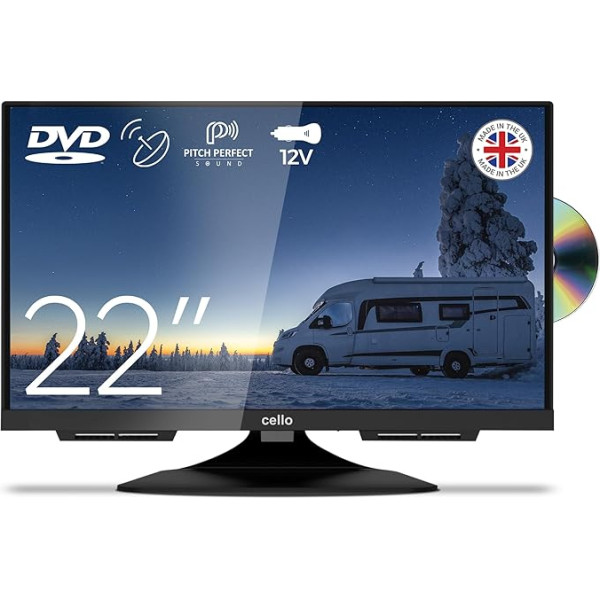 Cello C2224F Trav 22 collu Full HD DVD kempinga ceļojumu televizors ar bezrāmju integrētu DVD atskaņotāju, trīskāršu uztvērēju (DVB-C/-S2/-T2) Pitch Perfect Sound Motorhome Caravan Truck Boat [2024]