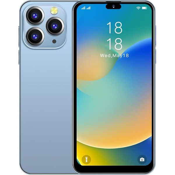 JtQtJ i15Pro Max viedtālruņi, Android 9.0 OS ar 6,3 collu HD displeju, Dual SIM, Divas kameras, 16GB ROM (paplašināma līdz 128GB), Wifi, GPS, Bluetooth, Face ID Lēti mobilie tālruņi (i15Pro Max-Blue)